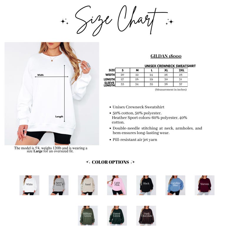 Może przedstawiać: Tabela rozmiar&oacute;w dla bluzy dresowej unisex z okrągłym dekoltem, z wymiarami w calach. Tabela zawiera rozmiary od S do 2XL, z szerokością od 51 do 71 cm i długością od 69 do 79 cm. Opcje kolor&oacute;w obejmują biały, szary, r&oacute;żowy, czarny i bordowy.