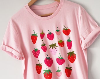 Camisa de fresa Cottagecore Camiseta Orgánica Suave cómoda Gran ajuste Eco Print Unisex Vegan Botanical camisa de frutas regalos para ella