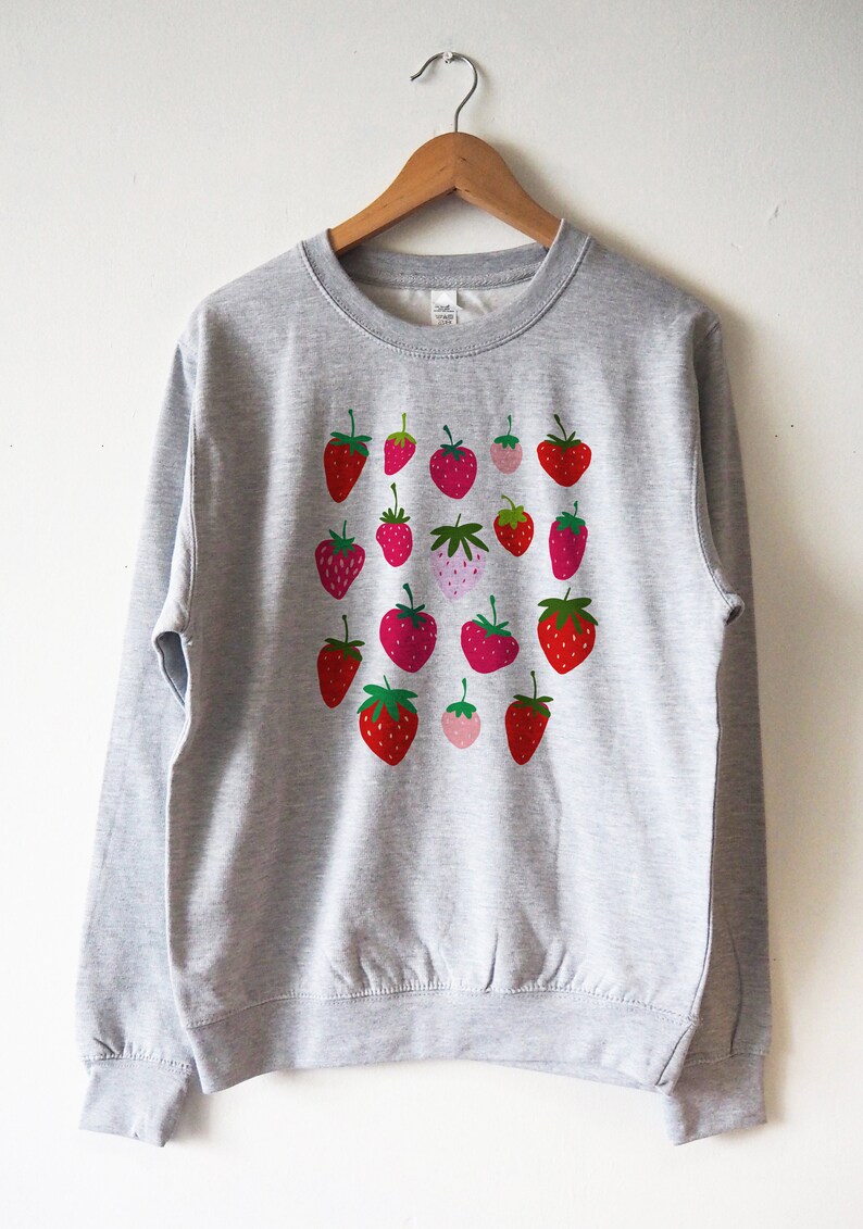 May include: A grey sweatshirt with a pattern of red and pink strawberries printed on the front.