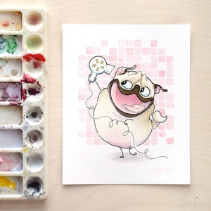 Bath Pugs: Blow Dry - cute pug art print for bathroom decor, funny pug bathroom art, pug boudoir wall art with blow dryer by Inkpug