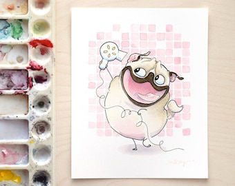 Bath Pugs: Blow Dry - cute pug art print for bathroom decor, funny pug bathroom art, pug boudoir wall art with blow dryer by Inkpug