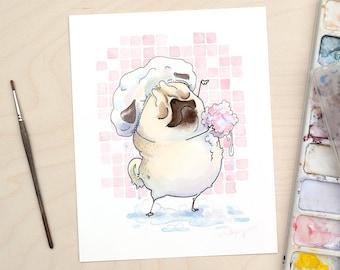 Bath Pugs: Loofah - showering pug art print for bathroom decor, funny loofah pug bathroom art, scrubbing up pug in the shower by Inkpug