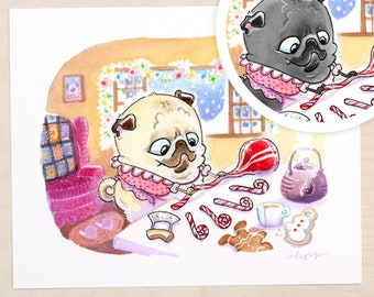 Curly Canes - cute pug art, Christmas pug, holiday pug making candy canes, holiday baking, candy making, pug Christmas print by Inkpug