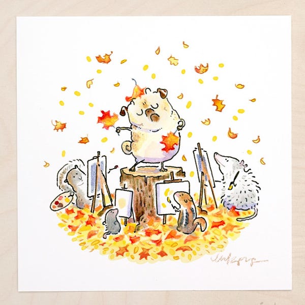 Venus of the Leaves - autumn pug art print, fall season pugs art, artist model pug painting by Inkpug