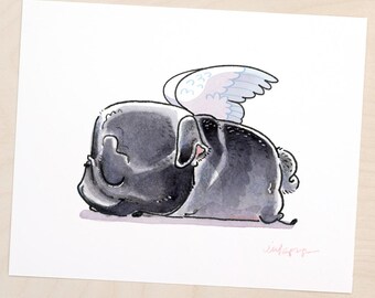 Angel Pug Nap - sweet black pugs print, black pug angels memorial watercolor painting by Inkpug