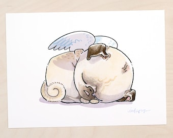 Angel Pug Nap - sweet fawn pugs print, pug angels memorial watercolor painting by Inkpug
