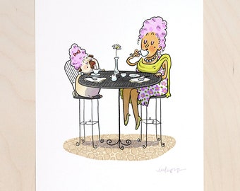Fifi at Brunch - fancy pug art print, posh pug, cafe pug at high tea, pug drinking coffee print by Inkpug