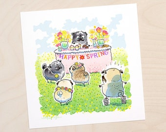 Spring Misunderstanding pug art print - funny pug print, pug comic, spring pug painting by Inkpug