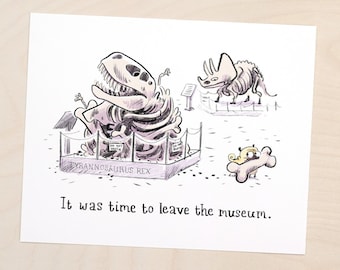 Time to Leave the Museum - pug with dinosaur bone, pug art print, funny pug comic, T Rex and pugs art by Inkpug