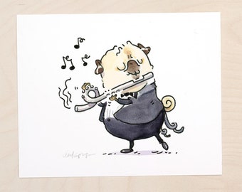Curly Flute - pug art print, flautist pugs, pug lover, musician or flutist gift, orchestra pug print by InkPug