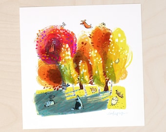 Trees with Dogs - autumn dog art, playing pug art, dog heaven painting, dog park print for dog lovers by Inkpug