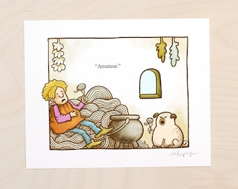 Strega (Pugga) Nona - funny pug art, literary pug print for pug kitchen with spaghetti by Inkpug