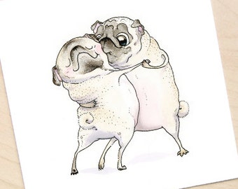 Old Love Pug Art Print - Pug Love Artwork, Square Art Print, Love Print, Cute Art Print, Wedding or Valentines Decor by Inkpug