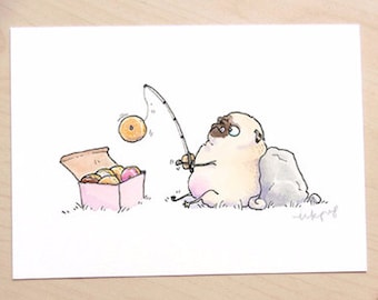 Donut Fisher Pug Art Print - Funny art with pugs and donuts, gone fishing pug, fishing for doughnuts kitchen decor, pug kitchen art, Inkpug