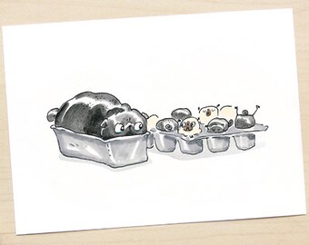 Pugloaf and Puppymuffins - Black pug puppy nursery decor, pug kitchen decor, funny kitchen art, pug bakery decor by Inkpug