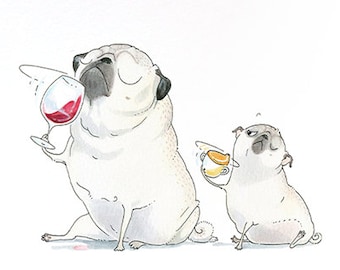 The Sommeliette wine pug art print - pugs and wine art, cute pug painting for kitchen, wine cellar or wine decor by Inkpug