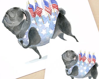 Patriotic Pug art print - black pug art print, American flag art, Americana patriotic Art, black pug watercolor by Inkpug