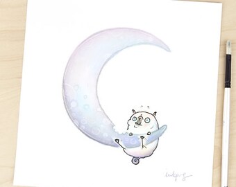 Cheese Moon pug art print - cute pug decor from a watercolor pug illustration by Inkpug