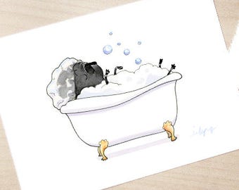 Black Pug Bath Bubbles - minimalist pug in the tub art print, cute black pug bathroom decor, bath art, black pug art print by Inkpug