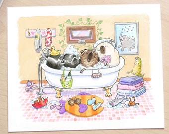 Three Pugs in a Tub - fawn pug, black pug and brindle pug art, pug bathroom art, pug decor, pug print for bath, pug bathtime print by Inkpug