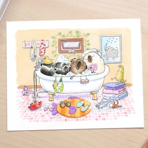 Three Pugs in a Tub - fawn pug, black pug and brindle pug art, pug bathroom art, pug decor, pug print for bath, pug bathtime print by Inkpug