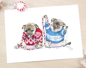 Deck the Halls Pug Art Print - Pug Holiday Decor, Pug Christmas Art, Funny Pug Christmas Decorations, Pugs in Christmas Sweaters by Inkpug