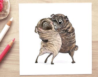 Old Love brindle pugs art print - cute pug print, pug love art, brindle pug art, brindle pug decor, senior pugs art by Inkpug