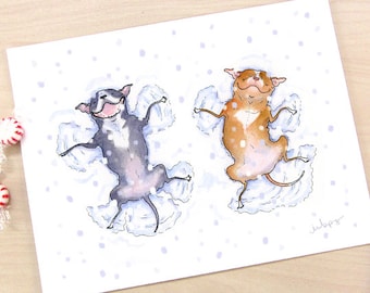 Snow Angels Pitbull art print - Pit Bull decor, cute Pitbull Christmas decor, Pibble Art, Pitbulls in the snow, Pittie Wall Art by Inkpug