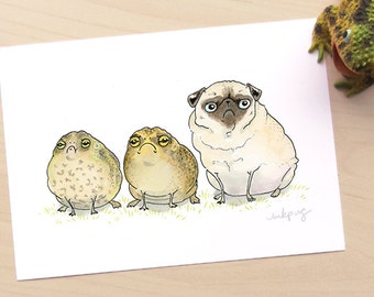 Glum Chums Toads & Pug Art Print - Toad Print, Pug Print, Funny Pug Wall Art, Pug Illustration, Dog Art, Toad Art by Inkpug