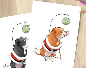 Merry Kissmas Pitbull art print - funny pit bull art, cute pitbull Christmas decorations, pibble mom gift, red and black pitty art by Inkpug