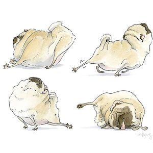 Four Pug Poses - pug art print, good morning art, pug yoga, yoga art, bedroom decor, bedroom wall decor,pug bedroom wall art by Inkpug