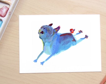 Blue Leaper Pug Art Print - Colorful Impressionist Dog Art, Blue Pug Painting, Pug Wall Art, Print of a Gouache Pug Painting by Inkpug