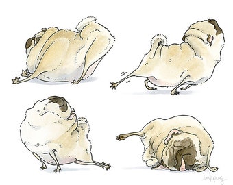 Four Pug Poses - pug art print, good morning art, pug yoga, yoga art, bedroom decor, bedroom wall decor,pug bedroom wall art by Inkpug