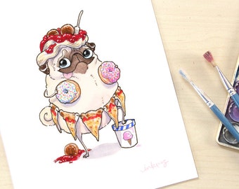 Saucy Pug art print - funny art for kitchen, food art with pug, cute pug illustration with donuts, pizza, ice cream and spaghetti by inkpug