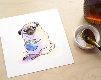 A Sip in the Sun - pug coffee art, tea pug art, tea print with fawn pug, morning coffee kitchen decor by Inkpug
