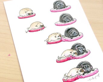 Sneaky Kiss Pugs art - Pug love wall art, pug illustration, pug wall art, fawn and black pug dog decor, pug print with two pugs by Inkpug