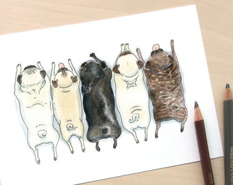 Pug Spectrum - Art print of our pug grumble ink and watercolor illustration with fawn, brindle and black pugs in a row by InkPug