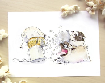 Popcorn Pugs Art Print - Funny Pug Art for Kitchen, Pug Kitchen Decor, Movie Night Print, Funny Popcorn Bar Art by Inkpug