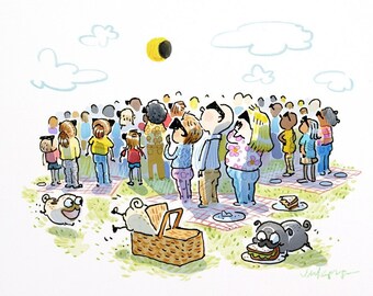 Solar Eclipse pug art - funny pug eclipse print, solar eclipse 2024 pug art by Inkpug