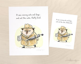 Fetch Ketchum: Raining Cats and Dogs - funny pug noir art, pug private detective comic, pug print for vintage movie fan pug lover by Inkpug