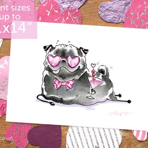 Spirit of Romance - black pug art print, love pug print, funny pug art, black pug art, pug Valentine, cute pug art by Inkpug