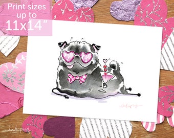 Spirit of Romance - black pug art print, love pug print, funny pug art, black pug art, pug Valentine, cute pug art by Inkpug