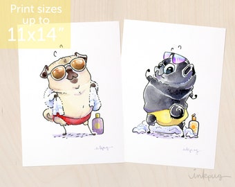 Beach Buddies - fawn or black pug in summer bathing suits, beach pugs, beach puggies, pug beach, swimming pugs, cute pug art print by Inkpug