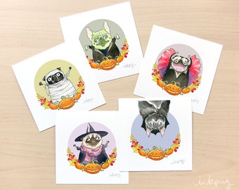Halloween Pugs Prints - Pug Halloween Decorations, Halloween Wall Art, Pug Fall Decor, Pug Art for Halloween, Fun Pug Paintings by Inkpug
