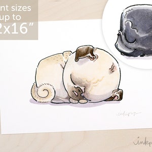 Pug Nap art print - cute pug art, pug bed print, pug bedroom art, two pugs decor print set with fawn pug and black pugs by Inkpug
