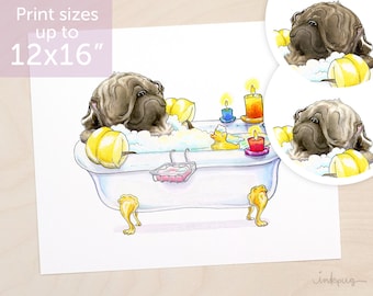 Brindle Pug in a Tub - Brindle Pug Art for Bathroom, Light Brindle or Dark Brindle Pug Bathroom Art Print, Groomer or Salon Art by Inkpug