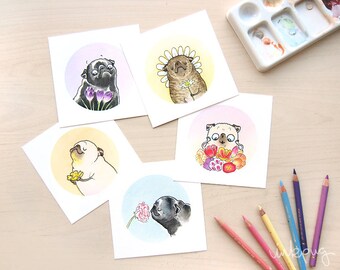 Flower Pugs set of prints - pug wall accents, pug art print collection, pug decor, spring flowers wall art, pug paintings by Inkpug