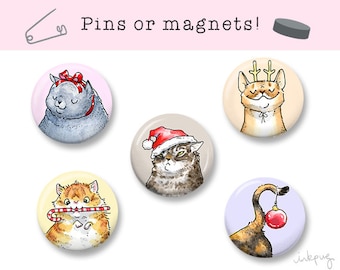 Christmas Cat Pins or Magnets - cat lover gift, cat lady, cat gift, cat accessories, cute cat stocking stuffer, cat badges by Inkpug