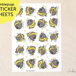 Bumblepug pug stickers - black pug bumblebees, cute pug bees, bumblebee pug stickers, envelope seals, scrapbook & planner stickers by Inkpug