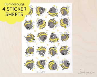 Bumblepug pug stickers - black pug bumblebees, cute pug bees, bumblebee pug stickers, envelope seals, scrapbook & planner stickers by Inkpug